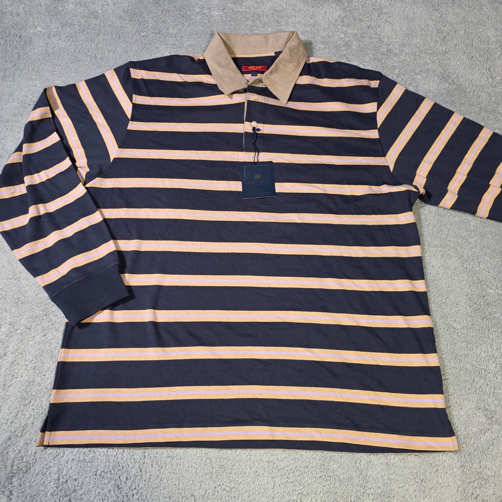 Austin Reed Mens L Long Sleeve Polo Shirt Navy Blue Striped Herringbone Collar
